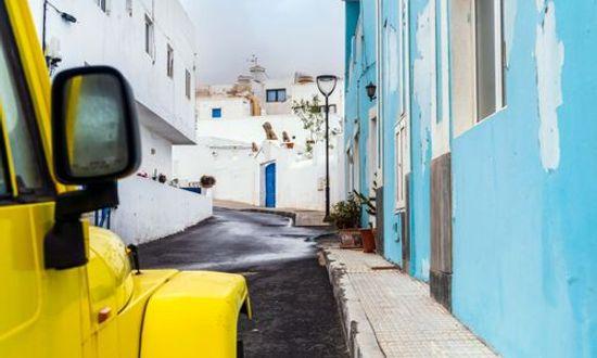 Yellow 4-wheel drive car in Corralejo, Lanzarote, Canary Islands, Spain.jpg